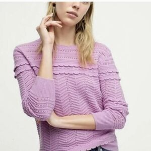 J. Crew Pointelle Crewneck Sweater Scalloped Hem Light Purple S